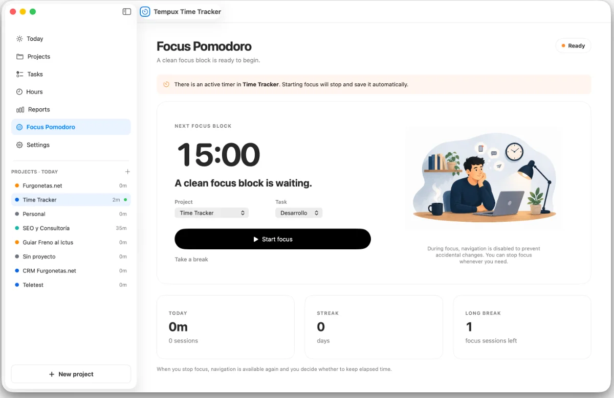 Vista Focus Pomodoro de Tempux Time Tracker