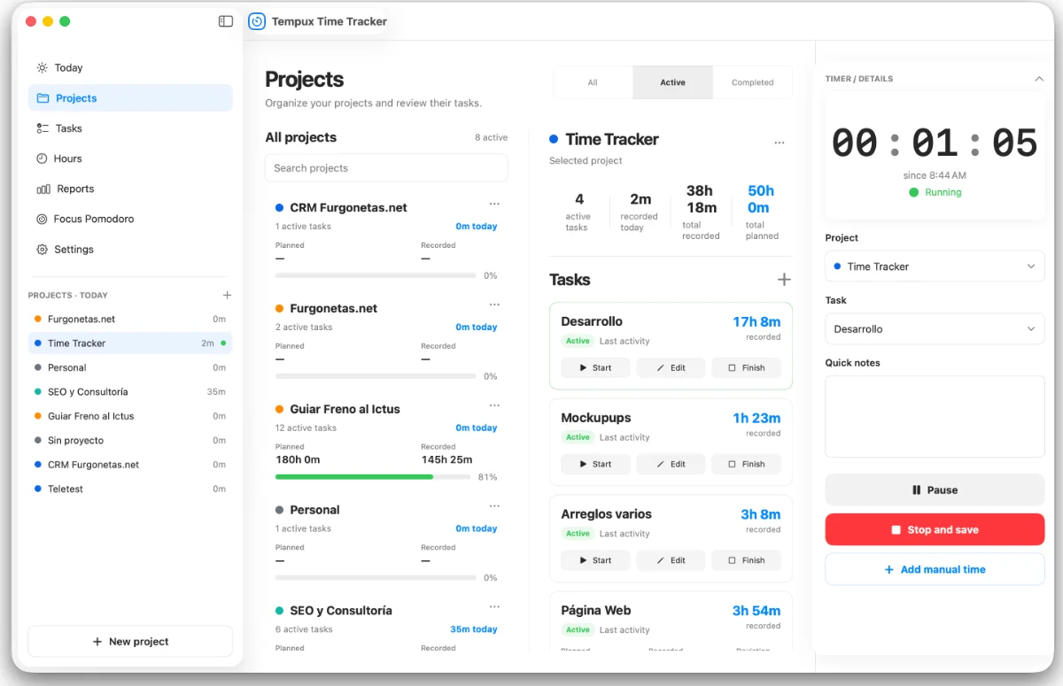 Vista Proyectos de Tempux Time Tracker para organizar el trabajo