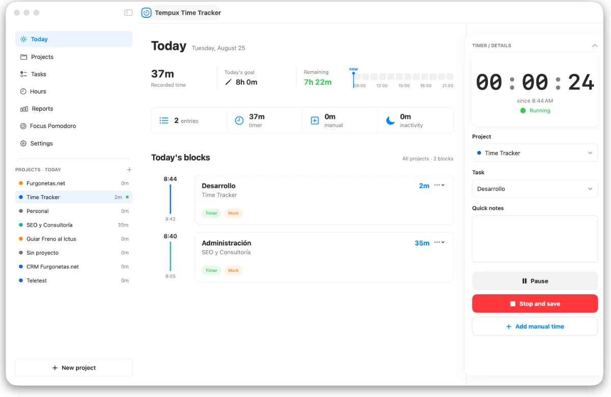 Vista Hoy de Tempux Time Tracker para registrar una jornada